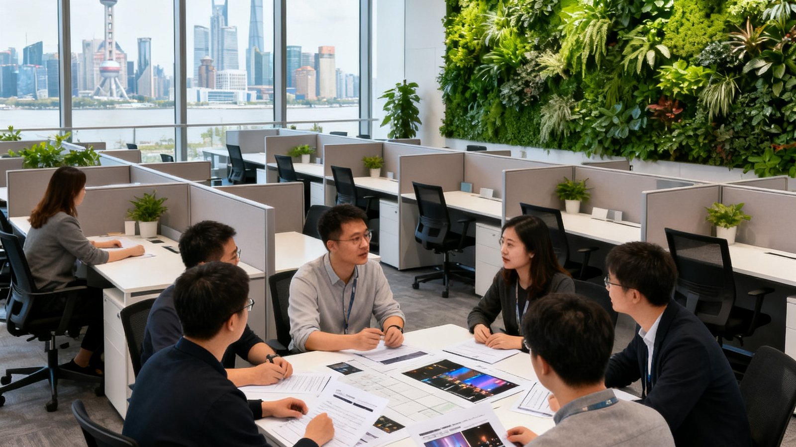 SG亚洲胜游上海张江总部办公区全景，开放式工位搭配绿植墙，落地窗外可见浦东天际线，团队成员正在讨论影视内容策划方案