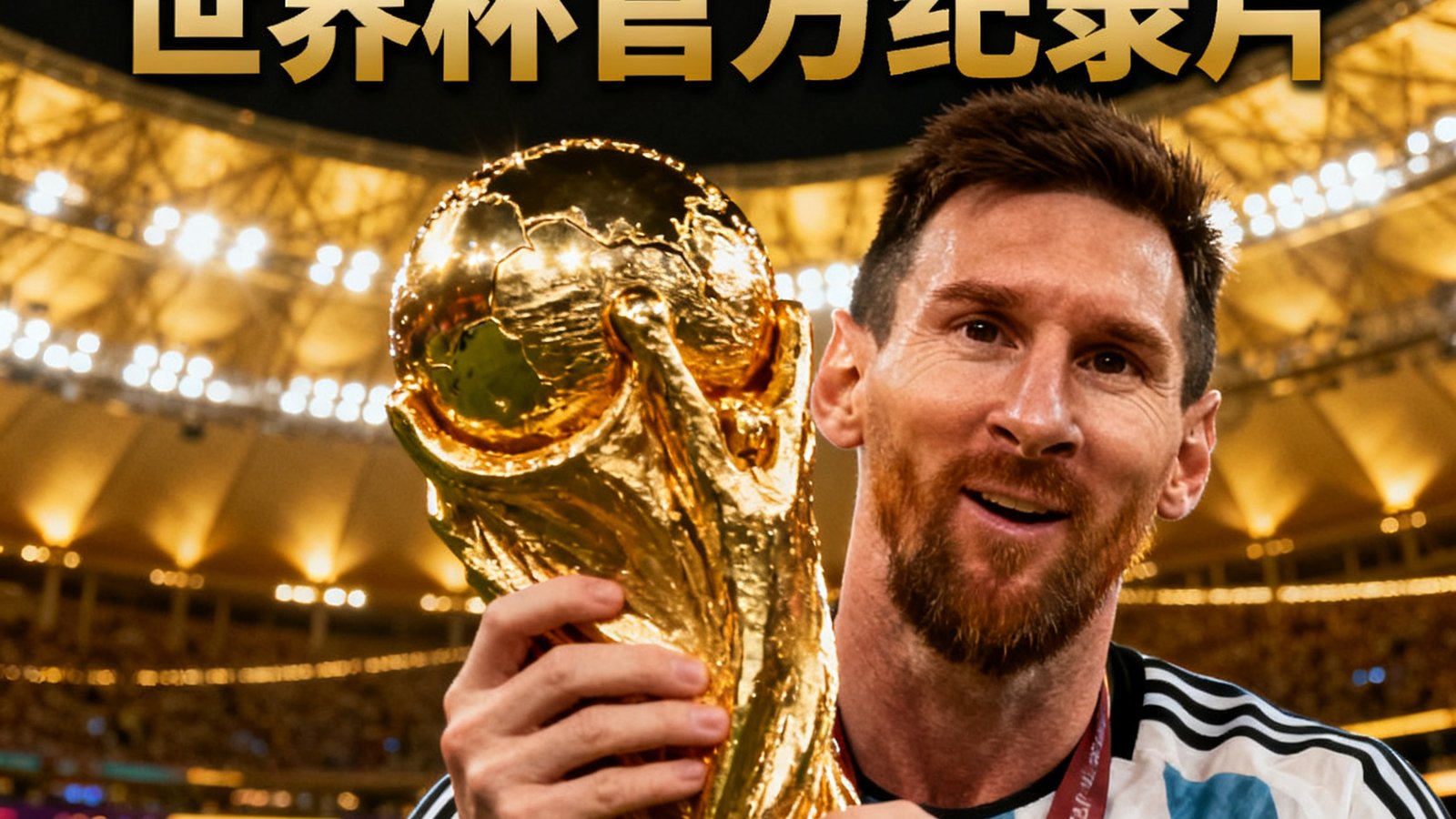 2022年卡塔尔世界杯官方纪录片封面，梅西捧起大力神杯的经典瞬间，背景为卢赛尔体育场金色灯光