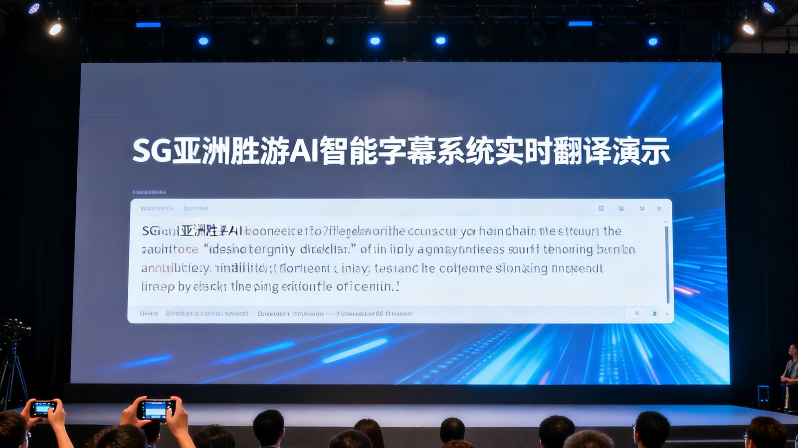 SG亚洲胜游AI智能字幕系统技术发布会现场，大屏幕上展示实时翻译演示，台下坐满参会者