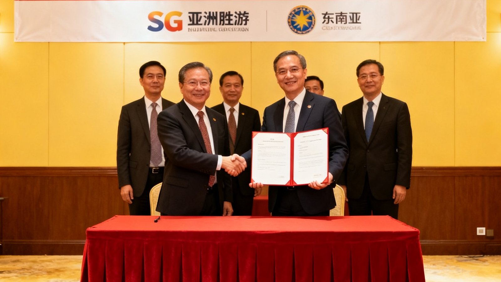 SG亚洲胜游与东南亚六国合作伙伴签约仪式现场，双方代表握手并展示合作协议