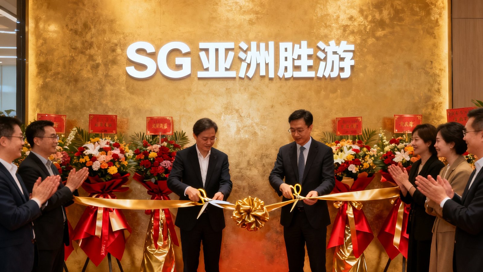 SG亚洲胜游成都区域办事处开业庆典，剪彩仪式正在进行，背景为公司logo墙和祝贺花篮