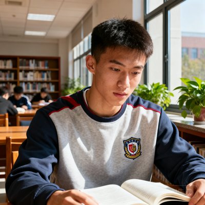 体育管理专业大学生小王的校园生活照，穿着运动卫衣，坐在大学图书馆中