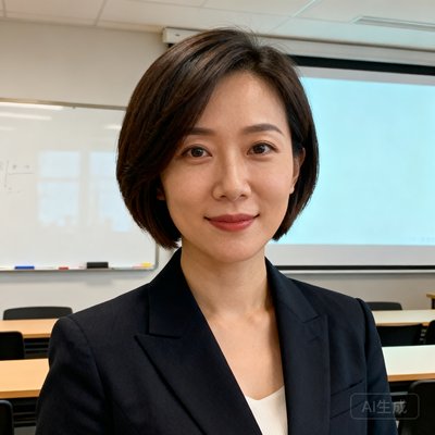 企业培训师张女士的职业形象照，干练的短发搭配深色西装，站在培训教室前